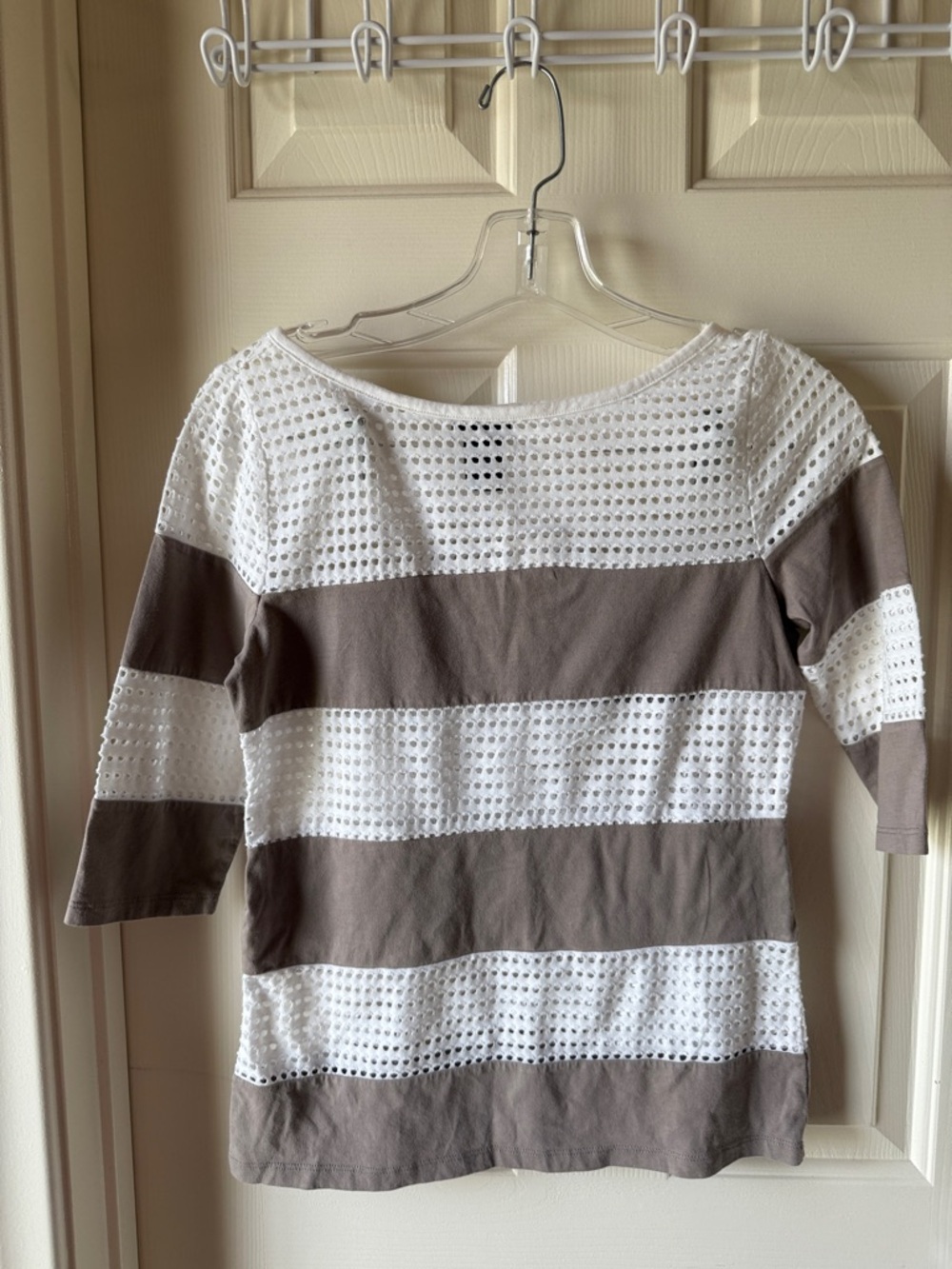 Ann Taylor Striped Eyelet Boatneck Tunic - White and Taupe